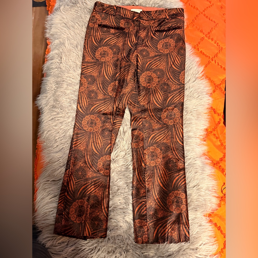 Anthropologie Velvet Brown & Orange Floral-Print Bootcut Pants